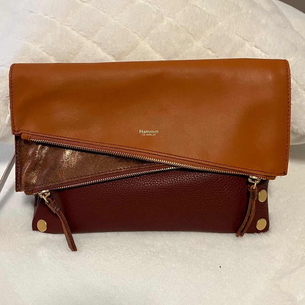 Hammitt Fold-Over Leather Clutch in Chestnut and Cognac